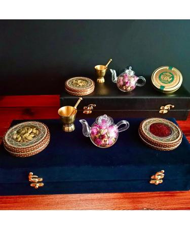 Luxurious Saffron Gift Box for Chefs: 9 Gr Grade A+ Organic Super Negin Coupe Saffron Threads Green Cardamom Rose Bud Tea Dried Saffron Teapot Small Brass Mortar and Pestle (Navy Velvet Box) - Buy Online on SooperMarket.com