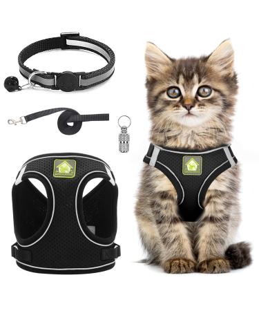 Adjustable cat dishes breakout set cat dishes with a leash outbreak soft inner lining and breathable mesh for cats kitten dogs puppies (black XS) XS black