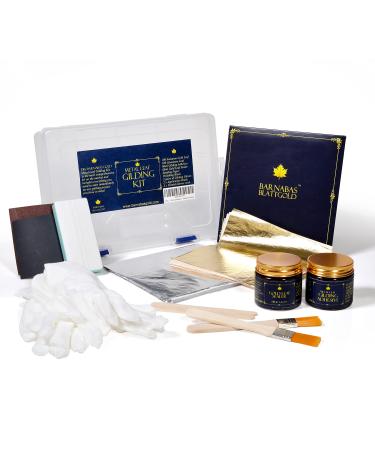 Gold Leaf Gilding Kit - 100 Sheets Imitation Gold Leaf, 100 Sheets Imitation Silver Leaf, Gilding Adhesive 60ml, Sealer Gloss 60ml, Gloves x 2, Brushes x 2, Sanding Block x 2, Sanding Paper #240 x 1