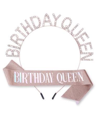 WLLHYF Birthday Queen Sash Crystal Headband Set Rhinestone Tiara Bling Glitter Crowns Hair Band Princess Tiara Sweet Happy Birthday Decorations Accessories for Women Girls