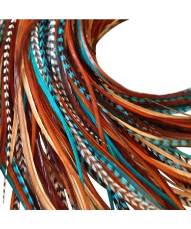 Feather Hair Extensions, 100% Real Rooster Hair Feathers, Long Natural and Turquoise Blue Colors, 20 Feathers with Beads and Loop Tool Kit NBT