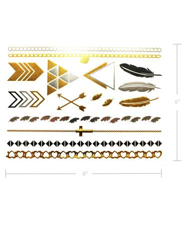 Gold Metallic Temporary Tattoos - 75+ Geometric Henna Designs Moon Stars Arrows Feathers - Waterproof, Non-toxic, Long Lasting - Ideal for Beach, Festivals & More! - Buy Online on SooperMarket.com