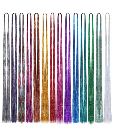 Huiguli 14 Colors 4200 Strands Hair Tinsel 35.5 Inches Hair Glitter Strands Shiny Colorful Straight Hair Extensions for Women Girls Party Cosplay Rainbow Hair Tinsel Kit (No Tools) 14 Colours