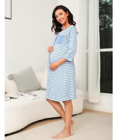 Marvmys Maternity Nightdress for Breastfeeding & Hospital - XL, Blue - Nursing Nightgown with 3/4 Sleeves, V Neck, Button Down - Soft Sleepwear for Pregnant Women - Buy Online on SooperMarket.com