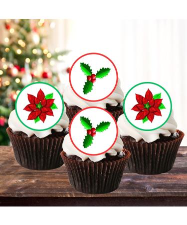 PRECUT Christmas Poinsettia Holly Cupcake Toppers Christmas Edible Holly Cake Decorations Christmas Cake Topper Xmas Cupcake Decoration Poinsettia Cake Decorations (12) - Buy Online on SooperMarket.com