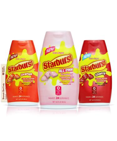 Starburst Liquid Water Enhancer Variety Pack of 3 | 1 Bottle Each Flavor - Strawberry, Orange and Cherry | Zero Sugar Zero Calorie Water Flavoring Drops | Bundled with Ballard Hard Candy Recipe Card