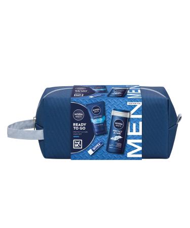 NIVEA MEN Ready to Go Gift Set (4 Products) Men's Grooming Gift Set with Shower Gel Face Wash and Lip Balm Plus Practical Washbag