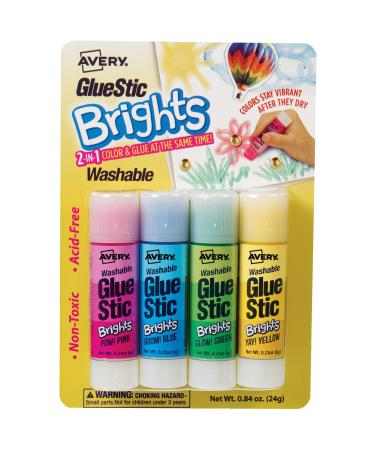 Avery Glue Stick Assorted Color Brights  Washable  Nontoxic  0.21 oz. Permanent Glue Stic  4pk (00102)