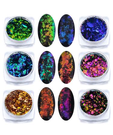 KUKA Iridescent Glitter Chameleon Nail Flakes Set Chrome Nail Powder Mirror Mermaid Effect Set 6 Jars (Dark Chameleon)