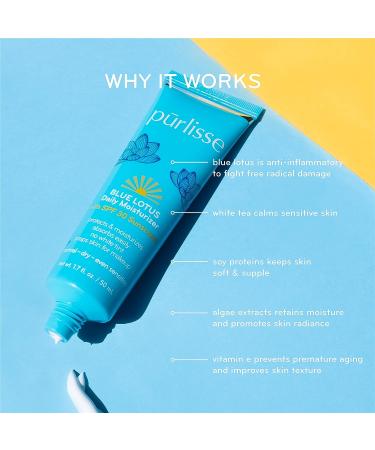 Purlisse Blue Lotus SPF 30 Essential Daily Moisturizer | Cruelty-Free & Clean | Anti-Aging | Reef Safe | Non-Greasy Formula with Vitamin E & Algae Extracts | 1.7oz - Buy Online on SooperMarket.com