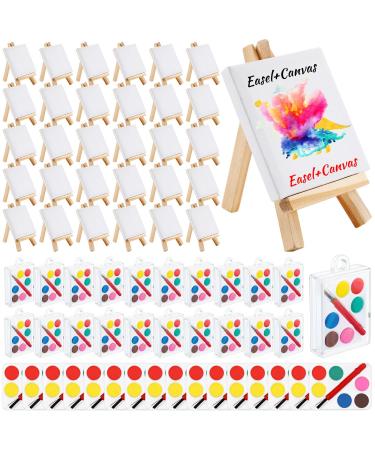 48 Pcs Watercolor Paint Sets Mini Paint Sets with 3 x 3'' Painting Canvas Panel with Mini Wooden Easel Set Stretched Canvas with Display Easel Painting Brush Kit for Kids Prize Schools Party Favor 24