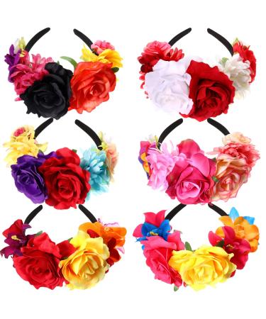 6 Pcs Mexican Rose Flower Crown Headband Easter Headpiece Wedding Floral Headbands Masquerade Cosplay Headgear Simulation Rose Flower Headbands for Easter Halloween Holiday Party Bridal Dress Up