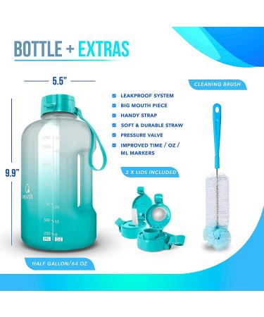 Half Gallon 64oz Water Bottle with Times to Drink | Motivational Sports Jug with Straw | Teal Fade Design - Buy Online on SooperMarket.com
