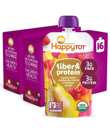 Happy Tot Organics Stage 4 Baby Food Pouches Gluten Free Vegan Snack Fiber & Protein Fruit & Veggie Puree Pears Raspberries Butternut Squash & Carrots 4 Ounce (Pack of 16) Pears Raspberries Butternut Squash & Carrots 4 Ounce (Pack of 16)