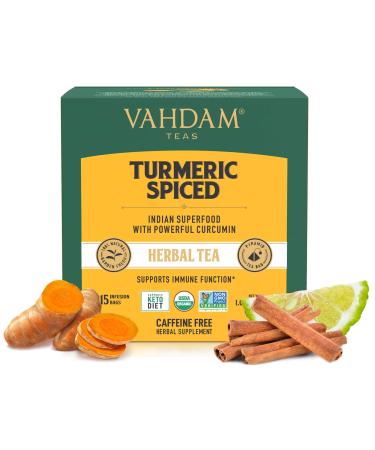 VAHDAM, Turmeric Spiced Herbal Tea (15 Tea Bags) | Nutritious Blend of Turmeric Powder & Fresh Spices - Turmeric Tea | 100% Natural Ingredients- Active Turmeric Turmeric Spice Herbal Tea (15 TB) 15 Count (Pack of 1)