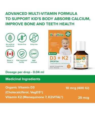 KidzVita - Organic Vegan Vitamin D3 & K2 Drops 400 IU - Support Healthy Bone Teeth and Immunity - Children s Multivitamin For 1 to 8 Years Old 3.6 ML 90 Servings - Buy Online on SooperMarket.com