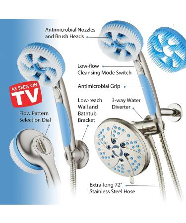 AquaCare 5-in-1 Aquassage High Pressure 76-mode Shower Head Combo with Hand Shower, Body Brush & Hair Brush - Satin Nickel Finish, Extra-long Stainless Steel Hose, Two Brackets Included - Buy Online on SooperMarket.com