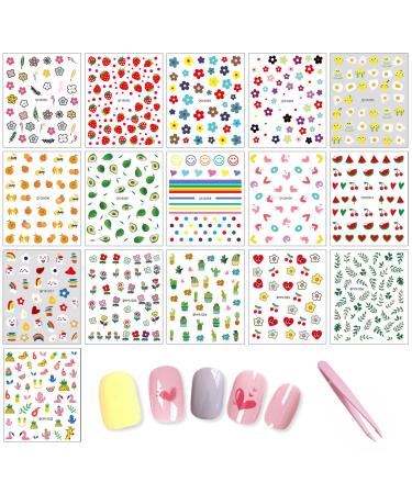 16 Sheets Nail Stickers with Tweezer Self-Adhesive 3D Nail Decals for Women Kids and Little Girls - Manicure Accessories Set for Stylish Nails Floral-3d-qy19