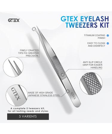 GTEX Circle Grip Lash Tweezers - Japanese Steel, Professional 5 Pack for Eyelash Extensions - Silver - Buy Online on SooperMarket.com