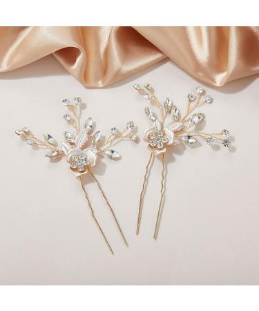 SWEETV 2Pcs Wedding Hair Pins Bridal Rhinestone Wedding Hair Accessories Hair Pieces for Brides Bridesmaid Rose Gold