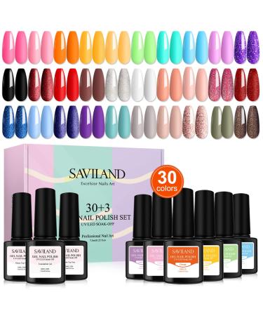 Saviland Gel Nail Polish Kit - 33PCS Gel Polish Kit Soak-off U V LED Nail Art Starter French Manicure Kit with Gel Foundation Base, No Wipe Glossy & Matte Gel Top Coat Beauty Gift for Girls 30 Colors Popular
