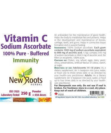 New Roots Herbal - Vitamin C Sodium Ascorbate 250g Powder - Helps in the Development and Maintenance of Bones Cartilage Teeth and Gums - Helps the Body to Metabolize Proteins - Buy Online on SooperMarket.com