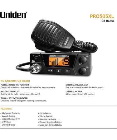 Uniden PRO505XL 40-Channel CB Radio - Compact Design, PA Function, Emergency Channel 9, External Speaker Jack, Large Display - Black - Buy Online on SooperMarket.com