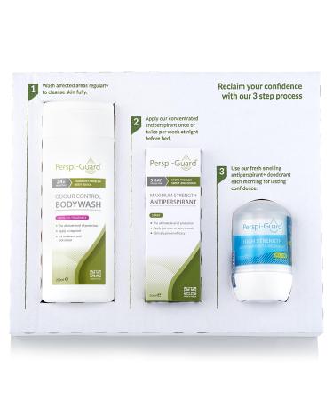 Perspi-Guard 3-Step Anti Sweat Deodorant Bundle - Odour Control Body Wash (200ml) 48-hour Roll On Strong Deodorant for Excessive Sweating & Max Strength Antiperspirant Spray (50ml)