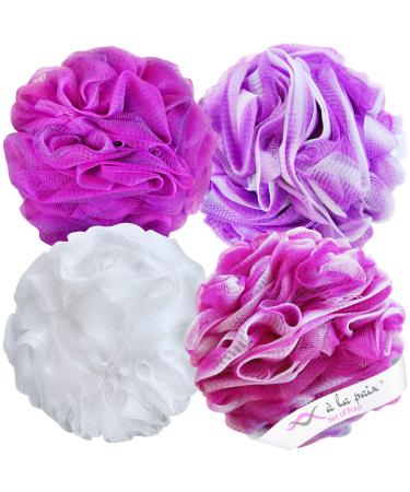 Loofah Bath Sponge XL 75g Set of 4 Bright Colors by À La Paix - Soft Exfoliating Shower Lufa for Silky Skin - Long-Handle Mesh Body Poufs- Women and Men’s Luffas -Large Scrunchy- Full Cleanse & Lather
