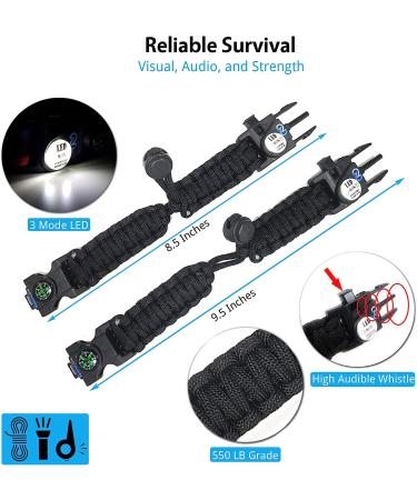 Survival Paracord Bracelet Set of 2 Blue- Tactical Emergency Gear Kit with SOS LED Light, Multitools, Fire Starter, Compass, and Whistle - Buy Online on SooperMarket.com