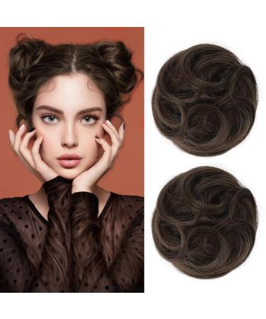 REECHO 2 PCS Mini Claw Clip in Messy & Cat Ears Hair Bun Extensions Wig Accessory Updo Hairpieces for Women Girls (Pack of 2-3.5" Wavy Dark Brown with Copper Highlights) Pack of 2 - 3.5" Wavy Dark Brown with Copper Highlights