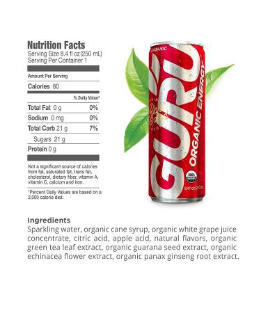 GURU | Original Plant-Based Energy Drink | Recharge with Good Energy from Green Tea | Natural & Organic Ingredients | Healthy Energy drinks to Help Stay Focused | Refreshing Taste | 8.4oz (Pack of 24) - Buy Online on SooperMarket.com
