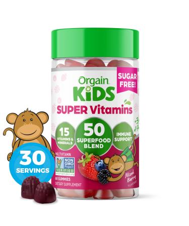 Orgain Kids Sugar Free Multivitamin Gummies Vegan & Plant Based 50 Superfoods 15 Vitamins and Minerals Immune Support and 3g of Fiber Mixed Berry Ages 4+ 1 Month Supply (60 Gummies)