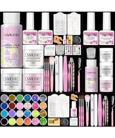 Saviland Acrylic Nail Kit   3 Colors Acrylic Powder and Liquid Set with Non-acid PH Bond Top Gel Nail Forms False Nails with Glue Gel x Nail kit with Everything Acrylic Nails Starter Kit for Home DIY
