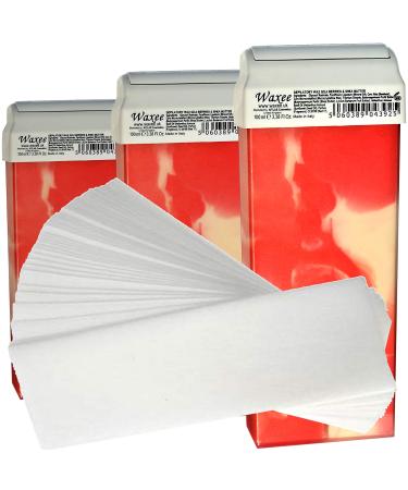 3 x 100ml roll on roller wax cartridge and 50 waxing strips Waxee (Wide roller (legs & body) Duo (Goji Berries & Shea Butter))