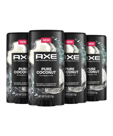 AXE Fine Fragrance Collection Deodorant Stick Pure Coconut 4 count with 48H Freshness and Odor Protection Deo Stick Infused with Coconut Eucalyptus and Oak Essential Oils 2.6 oz