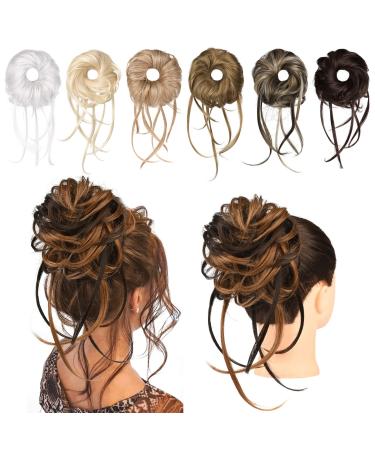REECHO Messy Bun Hair Piece 1PC Super Long Tousled Updo Hair Bun Extensions Wavy Ponytail Hair Scrunchies with Elastic Band Hair Accessory for Women - Dark Brown with Golden Brown Highlights