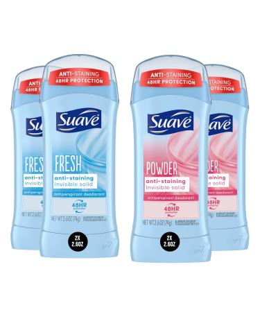 Suave Deodorant Women Antiperspirant Powder and Fresh Bundle 48-Hour Odor & Wetness Protection with Essential Oils anti-staining no baking soda Bundle 4 x 2.6 oz