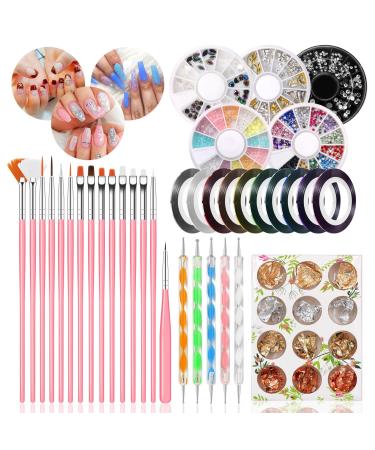 Pinkiou 47 Pcs Nail Art Tool Kit 15pcs Nail Painting Brushes Nail Dotting Pens Nail Foil Stripping Manicure Tape Nail Color Rhinestones Nail Art Sets 282