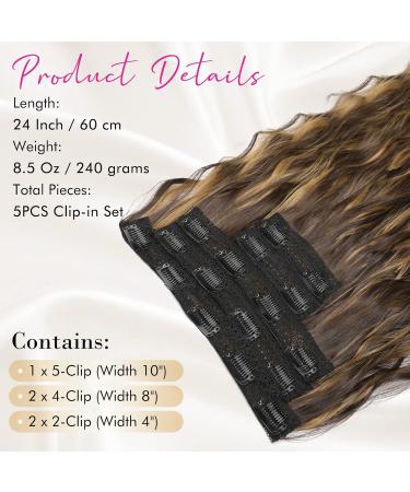 REECHO Clip in Hair Extensions - 5PCS Brown 24 Thick Long Loose Waves HE002 - Invisible Lace Weft Natural Soft Hairpieces for Women - Dark Brown with Highlights - Buy Online on SooperMarket.com