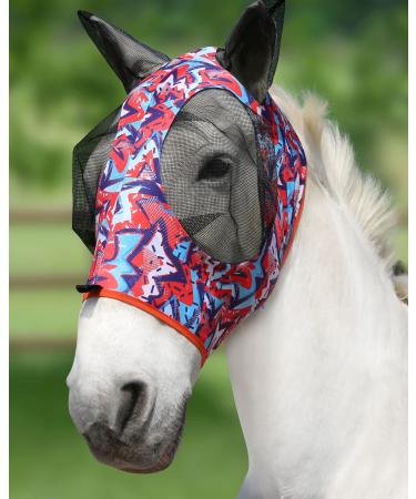 Harrison Howard Stretable breathable UV protection fly mask with a mesh eye opening for full visibility and ventilating ear protection orange Geo-Print Full (Large) Oranger Geo-Print