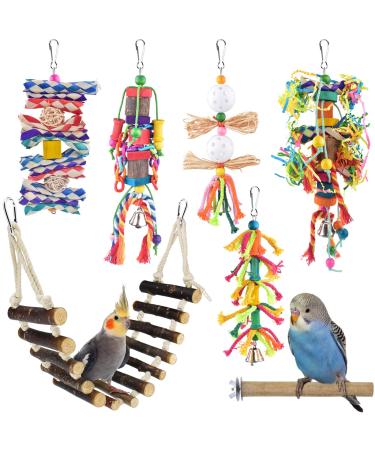 KATUMO Small Bird Toys, Natural Wood Ladder Colorful Bamboo Hanging Shredding Toys Parrot Chew Wooden Blocks Bird Perch for Parakeets, Conures, Cockatiels, Budgies, Love Birds and Other Small Birds