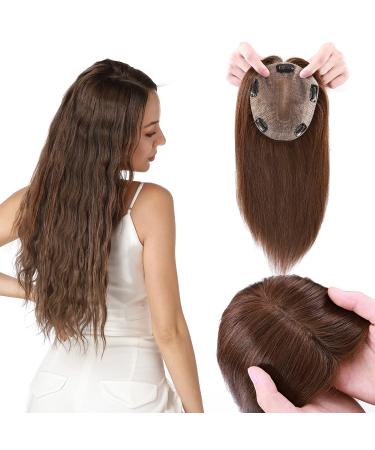 Silk-co 12inch Human Hair Toppers for Thinning Hair Women 100% Real Remy One Piece Clip in Hair Extension Silk+PU Base Toupee 120% Density #04 Medium Brown 12 Inch #04 Medium Brown
