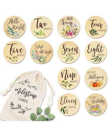 Baby Monthly Milestone Cards - Reversible Wooden Discs for Newborn Photography - Includes Announcement & Hello World Sign - Buy Online on SooperMarket.com