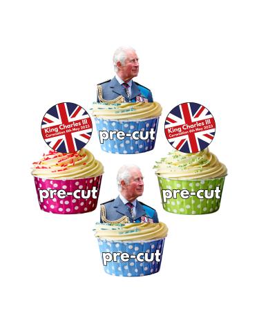 PRE-CUT King Charles III Coronation Union Jack Edible Cupcake Toppers Cake Decorations (12 Pack)