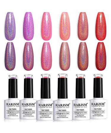 RARJSM Holographic Gel Nail Polish Set Summer Colors Glitter Gel Polishes Kit Rose Gold Hot Pink Red Violet Bright Purple 6PCS 7.5ML Curing Required Unicorn Mirror Laser Effect for Salon Home Manicure Pink Set