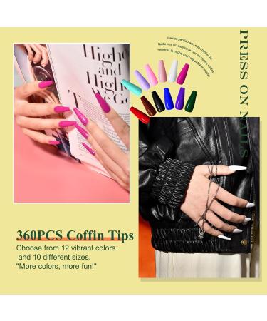 360PCS Long Press on Coffin Nails MORGLES - 12 Colors False Nails with Glue, Adhesive Tabs, Tweezer - 10 Sizes Long Glossy Ballerina - Buy Online on SooperMarket.com