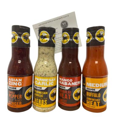 Buffalo Wild Wings 12oz Sauce Variety Bundle: Asian Zing, Parmesan Garlic, Mango Habanero, Medium & ThisNThat Recipe Card