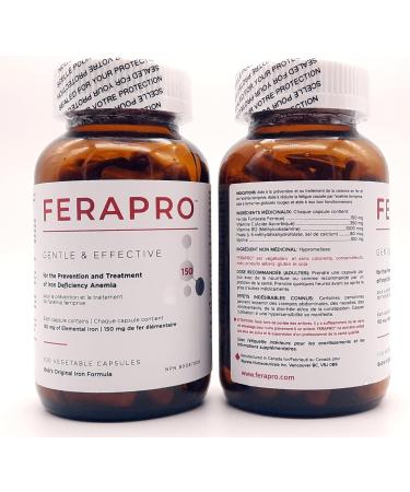 FERAPRO 150MG 100 CAPS | Vegan Iron Supplement | With Vitamin C 350mg Methylcobalamin 1000mcg 5-MTHF 80mcg and Glycine 100mg - Buy Online on SooperMarket.com