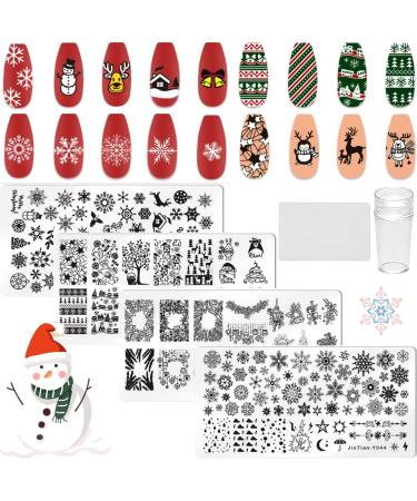 RUNRAYAY 6Pcs Christmas Theme Nail Art Stamping Plate Kit with Nail Stamper & Scraper Various Pattern Snow Elk Santa Claus Collection Nail Art Plates Set for Christmas Design DIY Print Manicure Salon B + Tools